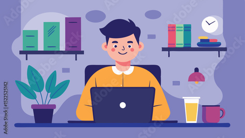 Cartoon Man Working From Home on Laptop With Bookshelf Background Illustration