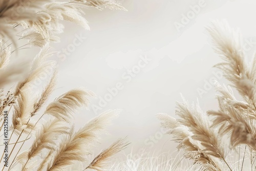 Beige pampas grass plumes frame a pale background. Selective focus creates soft, dreamy aesthetic.