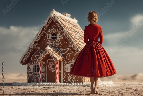 Woman in red dress beside enormous gingerbread house for Christmas, holiday food fantasy, clean backdrop