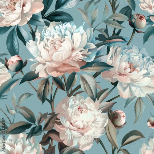 Seamless floral pattern with large white and pink peonies, teal foliage, and a light blue background.