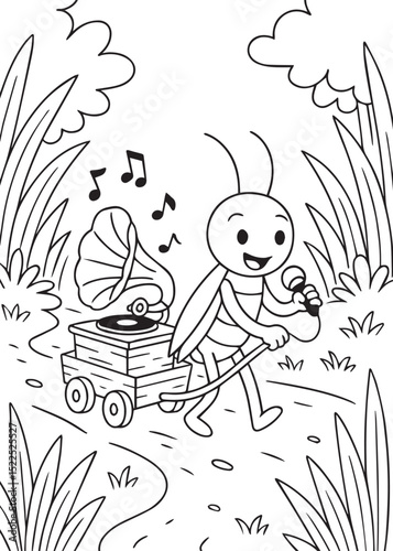 Coloring book cricket happily sings into a microphone, pulling a vintage gramophone on wheels through tall grass.