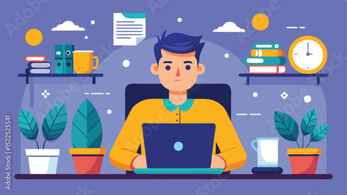 Cartoon Man Working on Laptop at Desk with Books, Plants, and Coffee Mug