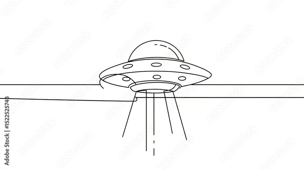 A simplistic illustration of a UFO hovering above a surface, with beams of light emanating below