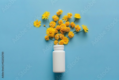 A white pill bottle on a blue background has yellow flowers seemingly emerging from it. Flat lay composition.