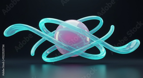 Pink sphere surrounded by curved blue glass tubes on reflective dark surface.