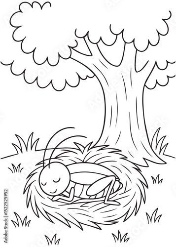 Coloring book cricket happily naps in a cozy, spiky nest under a large tree.