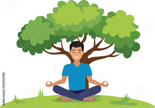Vector Illustration of a Young Man Meditating Under a Lush Tree on a Grassy Hill in a Calm Natural Setting