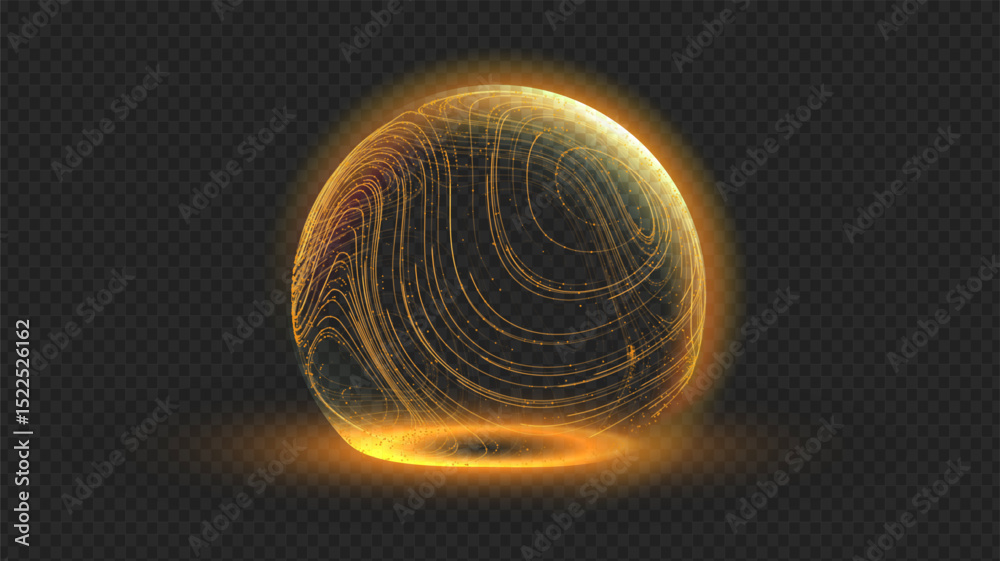 Gold sphere shield in 3d dome effect with tech globe ball for protect secure bg. Abstract light pattern by planet energy and digital line connects global network.