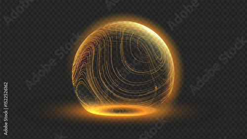 Gold sphere shield in 3d dome effect with tech globe ball for protect secure bg. Abstract light pattern by planet energy and digital line connects global network.