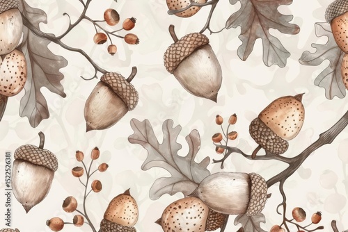 Seamless pattern featuring acorns, berries, oak leaves, and branches, rendered in neutral brown and beige tones.