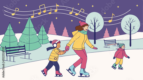 Ice Skating in the Park – Winter Leisure Activity Vector Illustration
