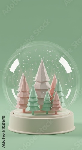 A rendered snow globe with pastel-colored polygonal trees inside, set against a light green background.