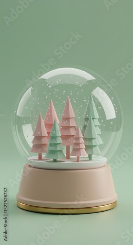 A 3D render featuring a snow globe with pink and green trees inside, set against a pastel green background. The globe sits on a pink base.