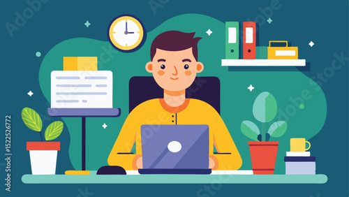 Cartoon Man Working on Laptop in Home Office with Plants and Clock