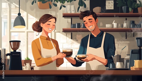 Two friendly cafe workers serving coffee.