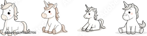 Cut out Set of Vector soft plush unicorn toy isolated on Transparent or white background.