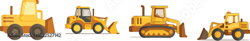 Cut out Set of Vector yellow toy bulldozer with black wheels isolated on Transparent or white background.