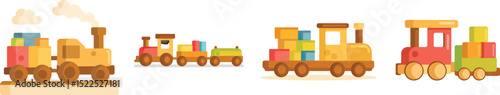 Cut out Set of Vector wooden toy train with colorful blocks isolated on Transparent or white background.