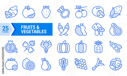 Blue Lineal Icons of 25 Fruits and Vegetables.