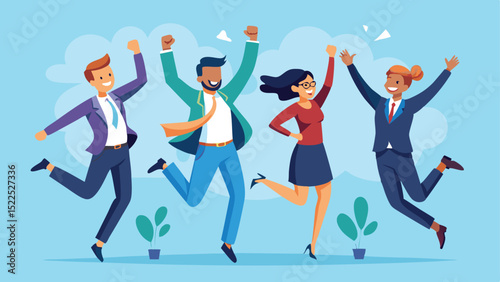 Four Business People Jumping With Joy Illustration Expressing Success and Company Victory