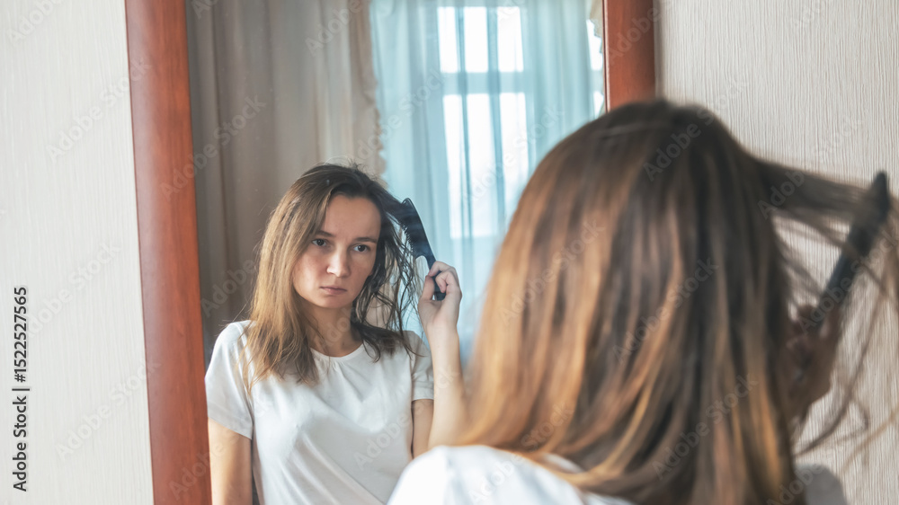 Fototapeta premium Young woman brushing hair brush looking at the mirror at bedroom