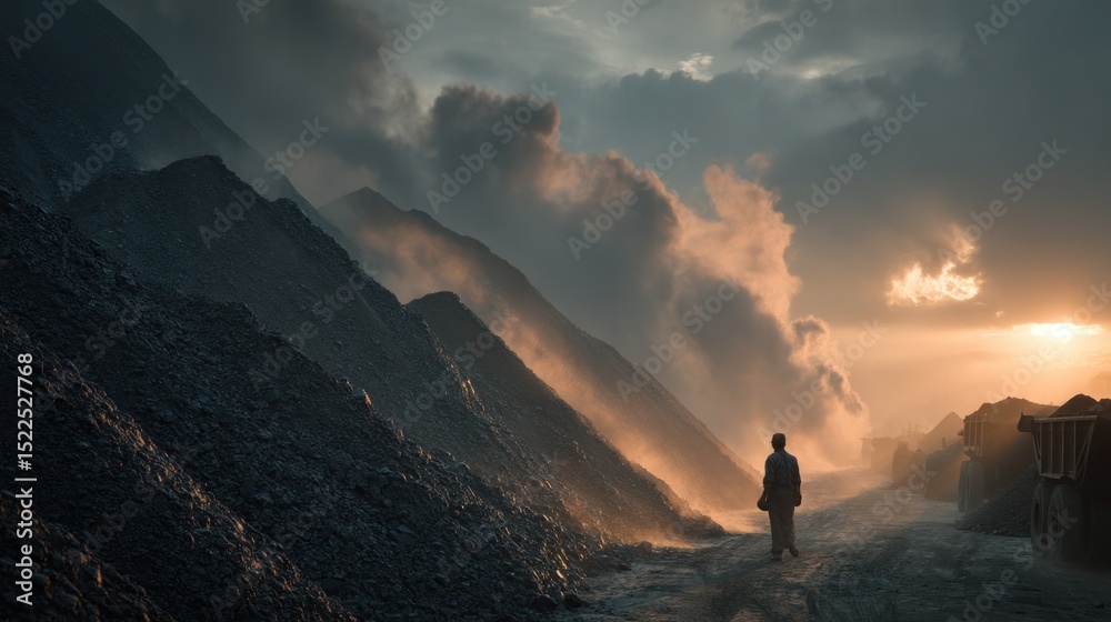 Obraz premium Dusty Industrial Landscape with a lone figure walking towards a bright sunset