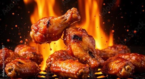 Close Up Of Grilled Chicken Wings with Orange Sauce on a Black Grill with Orange Flames in the Background