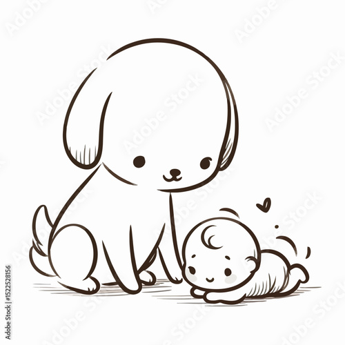 Dog playing with baby on the floor with a playful expression  