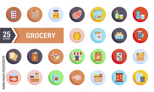 25 Colorful Flat Icons for Grocery Shopping and Retail.