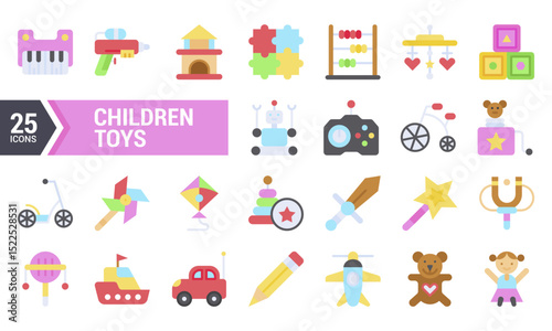 25 Colorful Flat Icons of Childrens Toys.