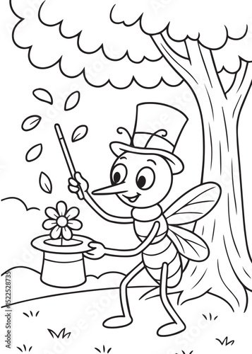 Coloring book mosquito magician, wearing a top hat, performs a trick with a wand and a flower appearing from his hat.