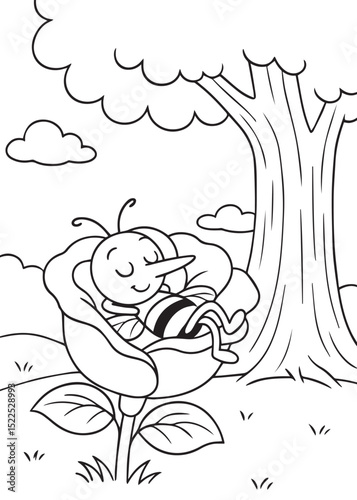 Coloring book  mosquito with a long proboscis peacefully snoozes inside a giant flower, nestled under a big tree.