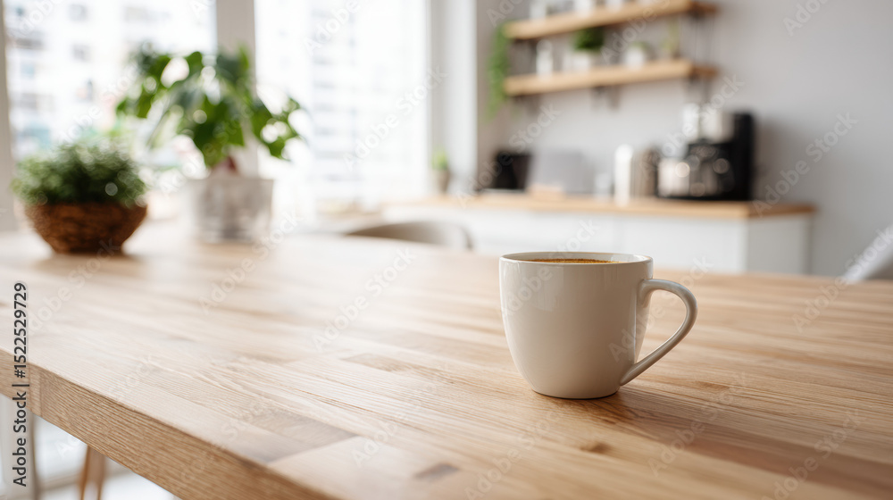 Fototapeta premium A white ceramic coffee cup sits on a wooden table in a modern kitchen. Green plants are visible in the background, creating a cozy atmosphere.