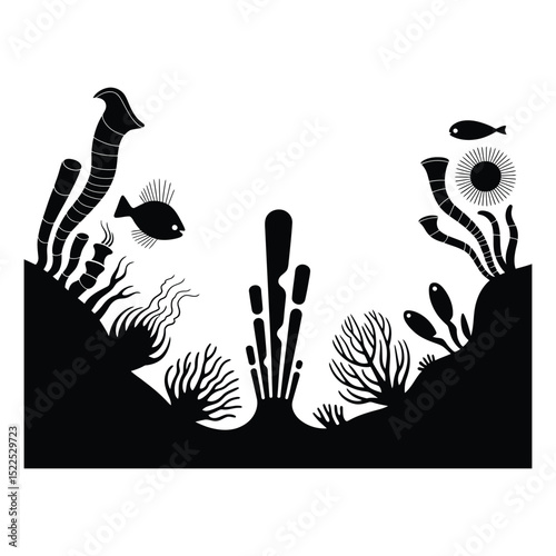 Hydrothermal Vent Life Silhouette, Vector, Illustration, Icon, Logo, White Background.