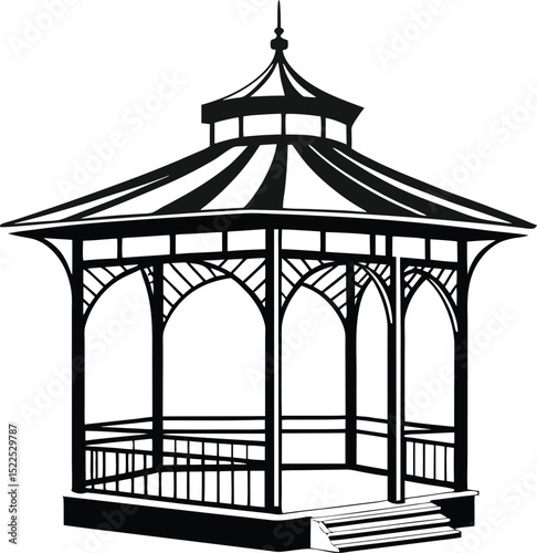 Intricate Black and White Line Art of an Ornate Gazebo – Elegant Outdoor Pavilion with Ironwork Architecture