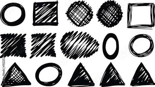 A collection of hand drawn geometric shapes including circles squares and triangles with fill patterns