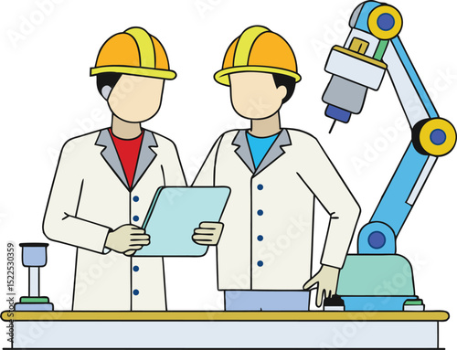 Flat vector illustration of engineers working with a robotic arm in a laboratory or factory. Ideal for automation, industry, and technology-related content. Professional and modern design.