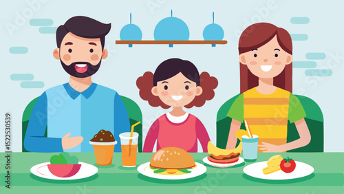 Cartoon Family Enjoying a Meal Together with Burger, Salad, Sandwich, and Drink