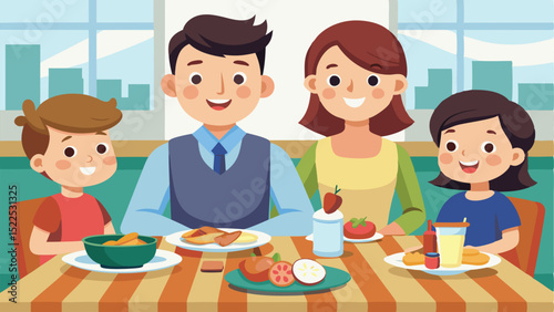 Cartoon Family of Four Enjoying a Meal Together at the Table Illustration