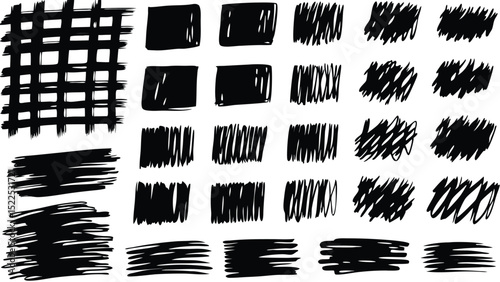 A collection of hand drawn black scribbles and shapes on a white background in various patterns