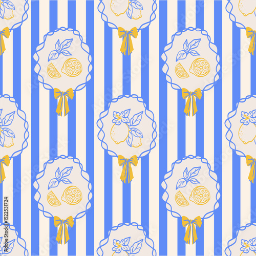 Vintage seamless pattern summer vibes. Hand draw lemons in ribbon frame with bow. Vacation vector illustrations in ink line doodle sketch image for fabric, wrapping paper.