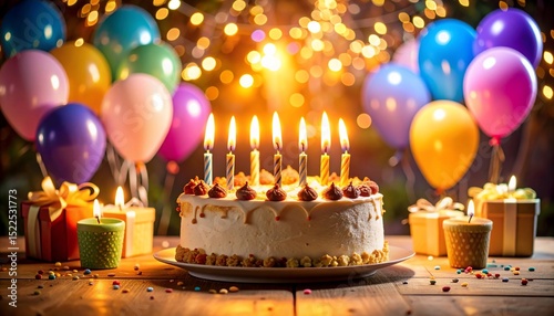 Birthday Celebration: Delicious Cake with Candles and Balloons