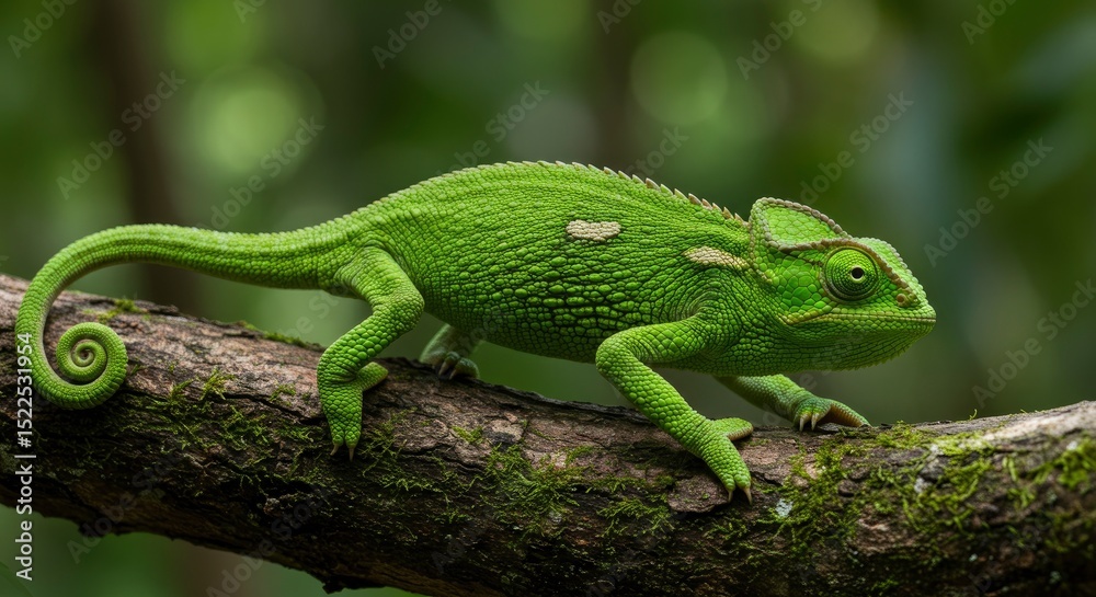 Fototapeta premium Vibrant Green Chameleon Perched on Mossy Branch in Lush Greenery