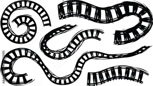 A collection of hand drawn black and white abstract shapes resembling film strips and spiral patterns