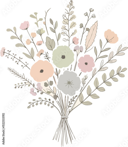 Floral bouquet: A delicate and artful floral bouquet composed of various flowers and green leaves, gracefully tied together with a natural twine, perfect for any occasion.