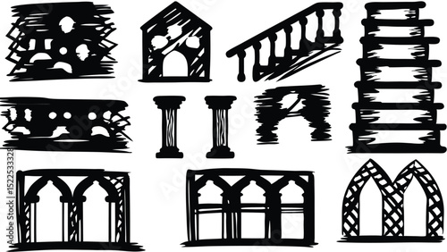 A collection of architectural elements in black ink sketches on a white background design layout