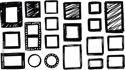 A collection of hand drawn black and white frames and shapes on a white background in a flat lay style