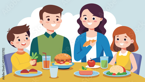 Happy Cartoon Family Enjoying Meal Together at Dining Table with Various Foods