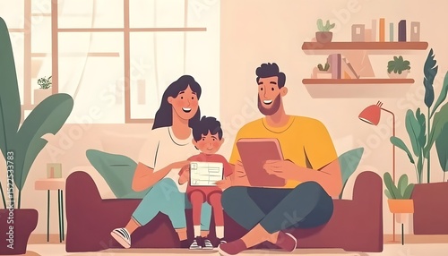 Family using a digital tablet together at home.