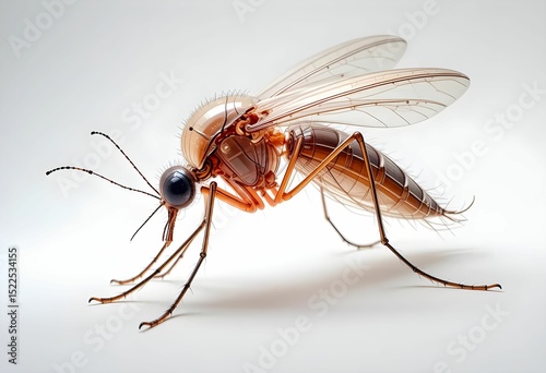 Transparent 3D model of a mosquito, highlighting circulatory and digestive systems, clean white backdrop.